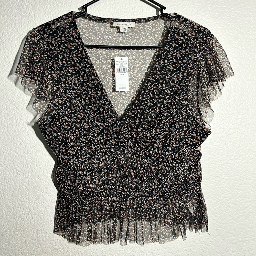 NWT American Eagle Outfitters Black V-Neck Floral Sheer Crop Babydoll whimsy